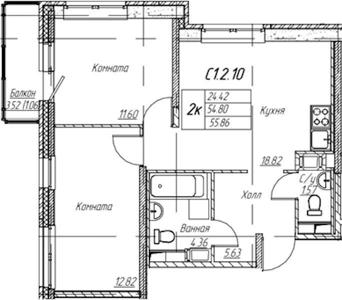 2-комнатная квартира 55.86 м², 2/22 эт., ЖК «Парк-квартал Юнтолово»